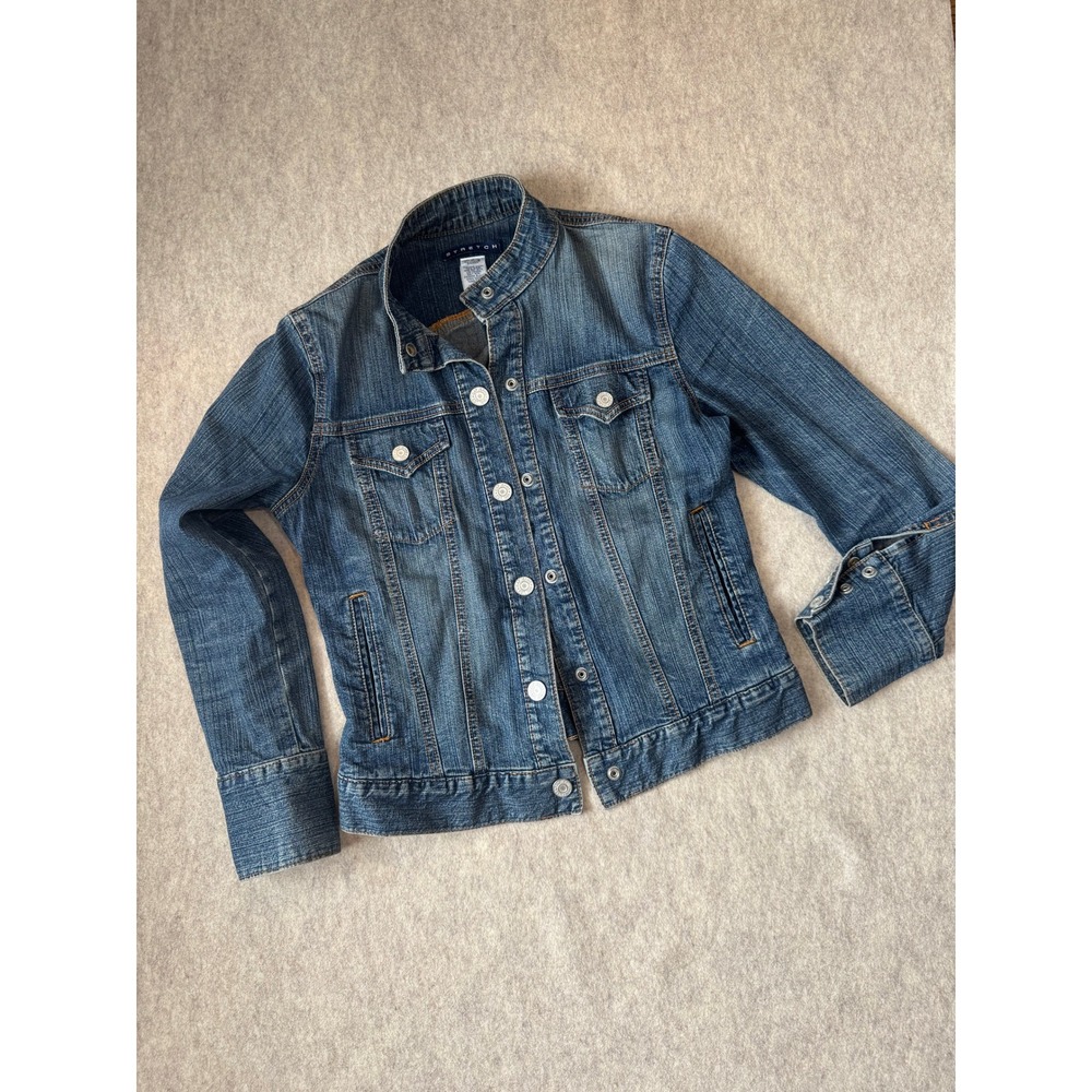 Gap Stretch Denim Jacket Womens Small Medium Wash Button Front Mock Neck Blue